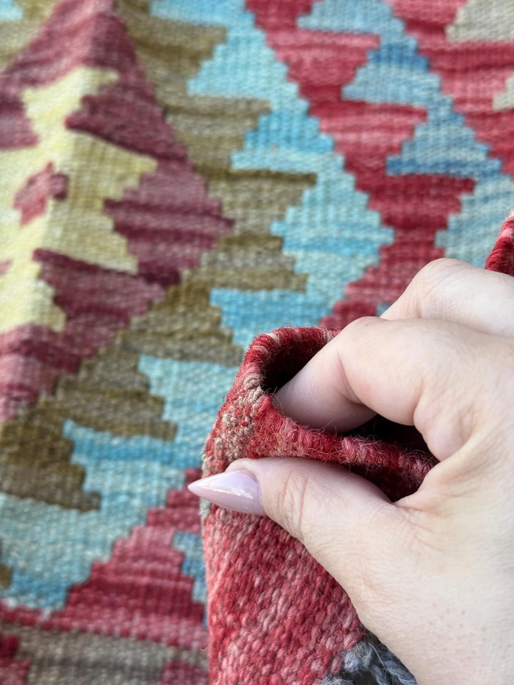 2x7 Handmade Afghan Kilim Runner Rug | Crimson Scarlet Brick Wine Red Orange Sky Baby Denim Blue Cream Beige Tan Taupe Moss Green | Wool