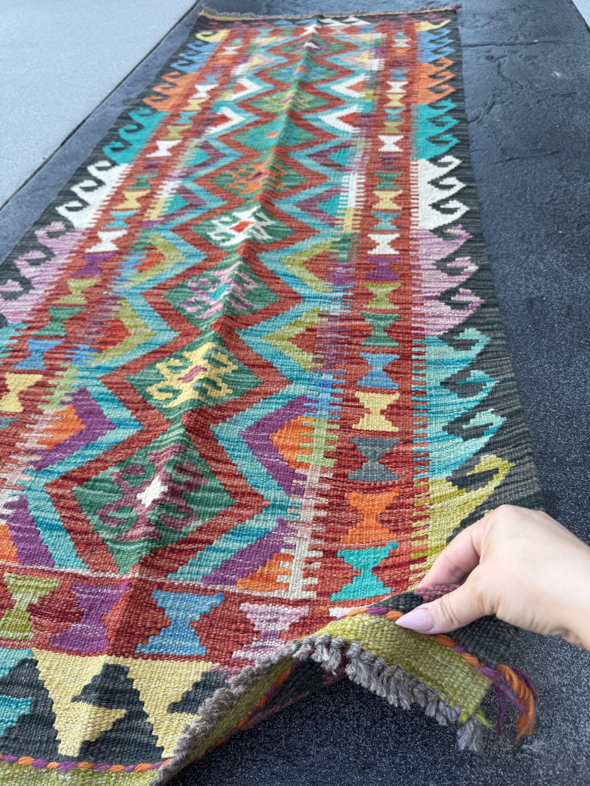 2-3x7 Handmade Afghan Kilim Runner Rug | Black Cream Olive Emerald Green Scarlet Red Yellow Plum Magenta Purple Denim Aqua Blue Orange Wool