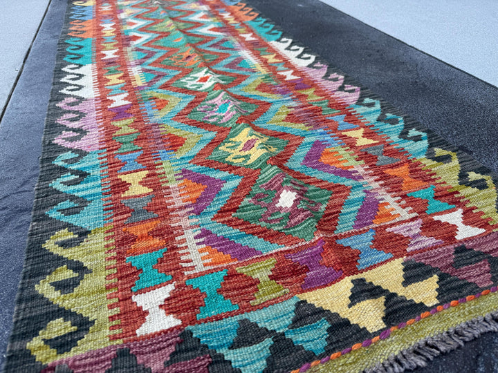 2-3x7 Handmade Afghan Kilim Runner Rug | Black Cream Olive Emerald Green Scarlet Red Yellow Plum Magenta Purple Denim Aqua Blue Orange Wool