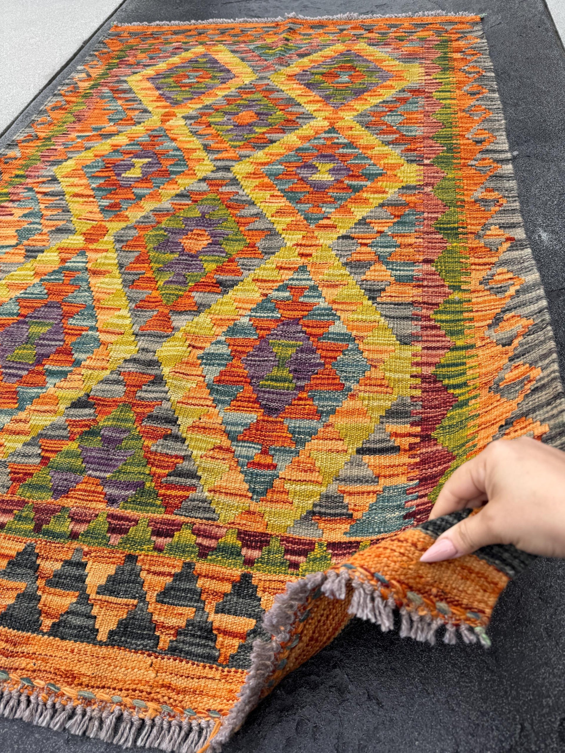 3x5 (91x152) Handmade Afghan Kilim Rug | Orange Rust Burnt Black Moss Olive Green Mustard Yellow Burgundy Brick Red Grey | Wool Flatweave