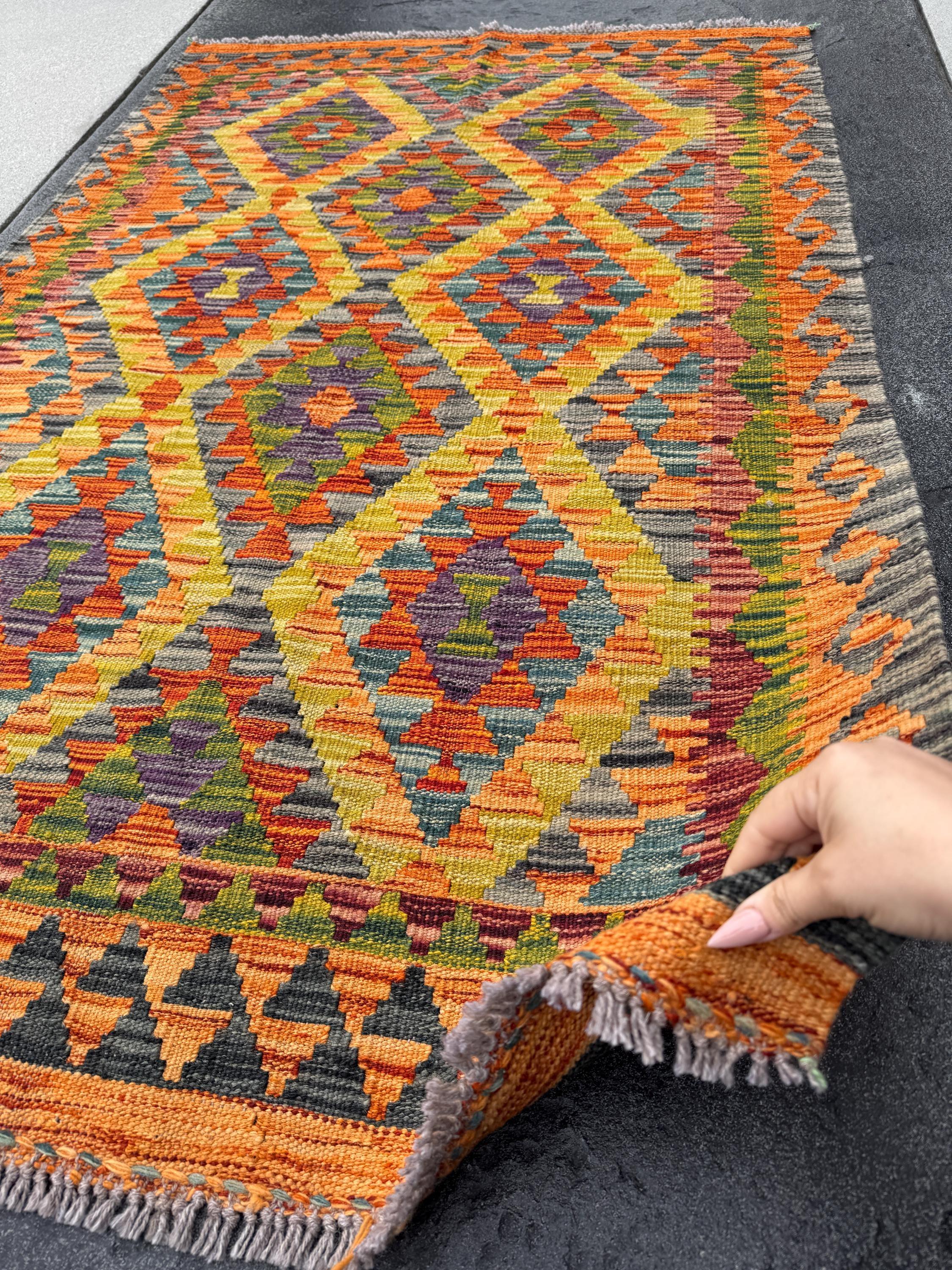 3x5 (91x152) Handmade Afghan Kilim Rug | Orange Rust Burnt Black Moss Olive Green Mustard Yellow Burgundy Brick Red Grey | Wool Flatweave