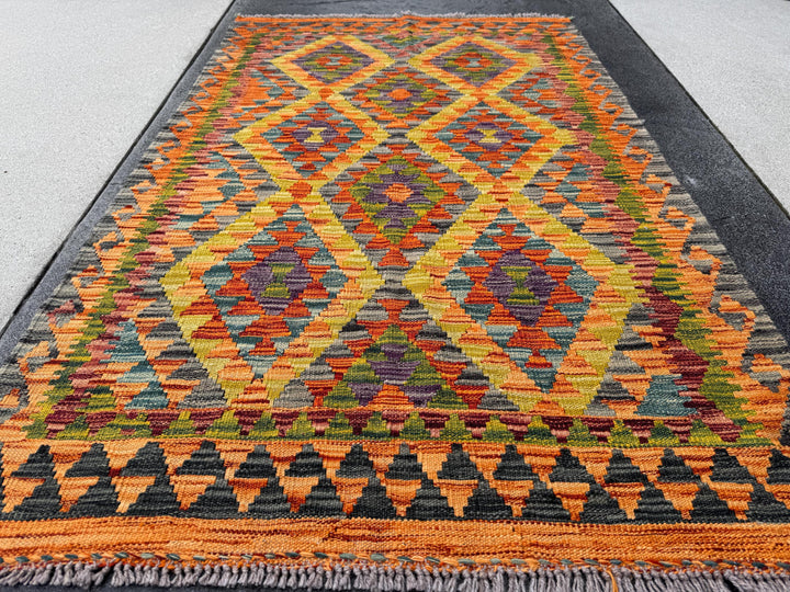 3x5 (91x152) Handmade Afghan Kilim Rug | Orange Rust Burnt Black Moss Olive Green Mustard Yellow Burgundy Brick Red Grey | Wool Flatweave