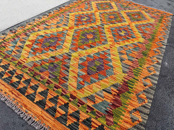 3x5 (91x152) Handmade Afghan Kilim Rug | Orange Rust Burnt Black Moss Olive Green Mustard Yellow Burgundy Brick Red Grey | Wool Flatweave