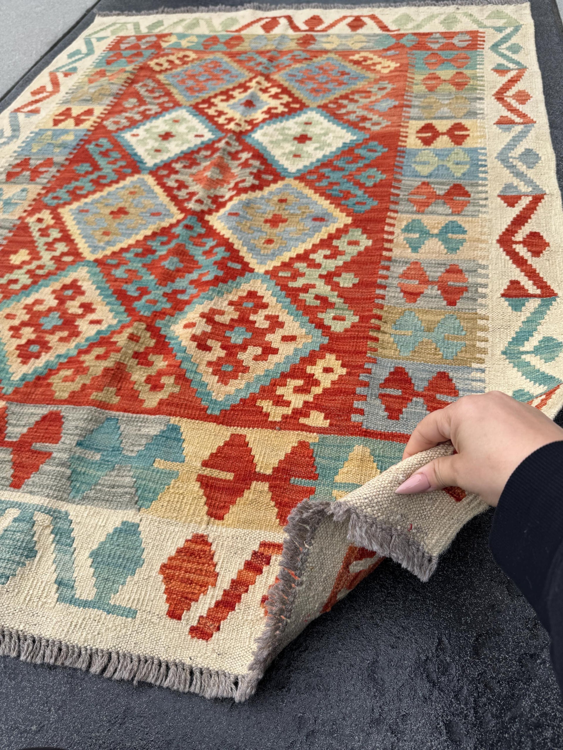 4x5 (91x152) Handmade Afghan Kilim Rug | Cream Sand Brown Tan Dusty Teal Denim Aqua Blue Grey Burnt Orange Rust Red Saffron Yellow | Wool