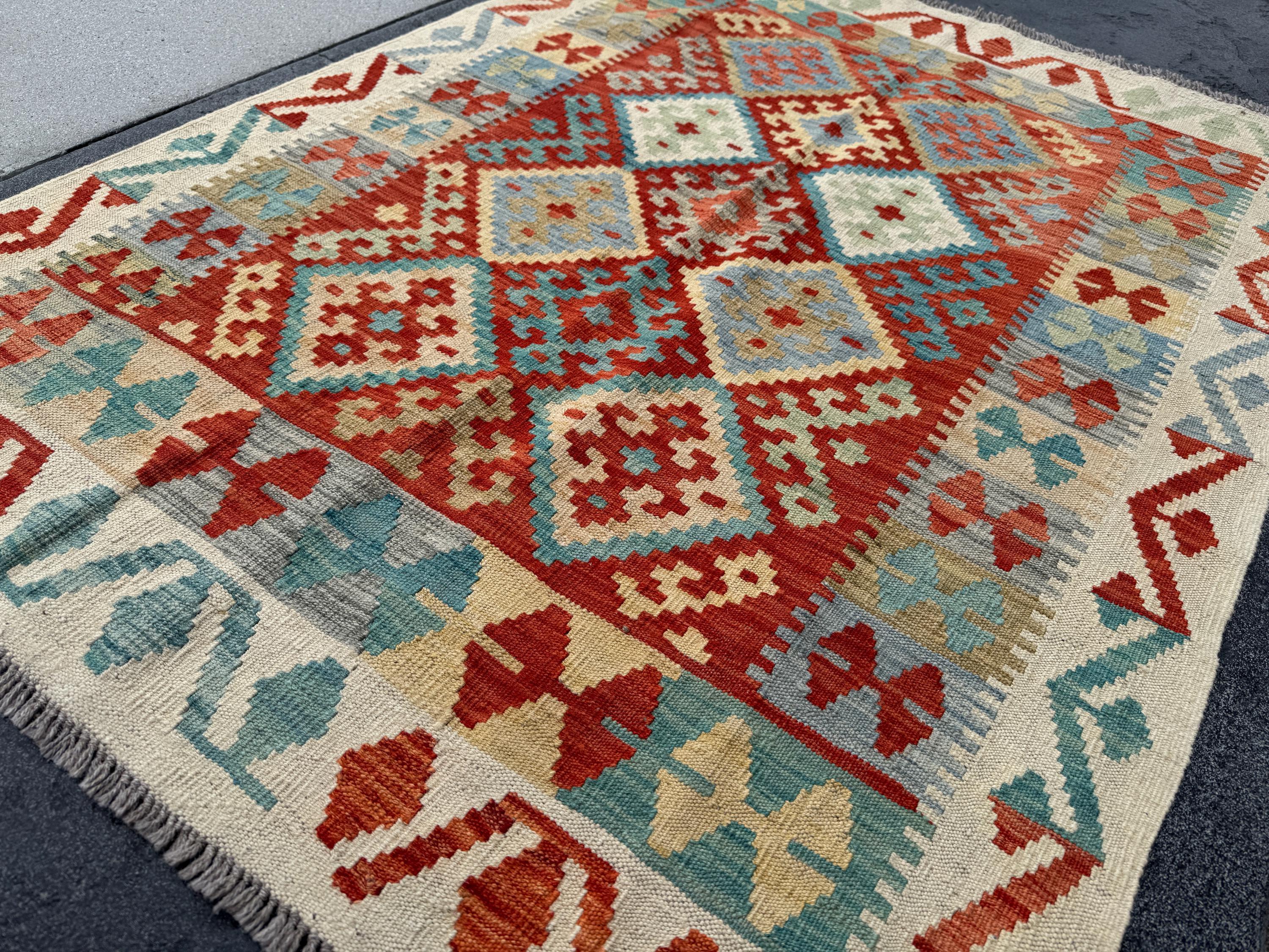 4x5 (91x152) Handmade Afghan Kilim Rug | Cream Sand Brown Tan Dusty Teal Denim Aqua Blue Grey Burnt Orange Rust Red Saffron Yellow | Wool