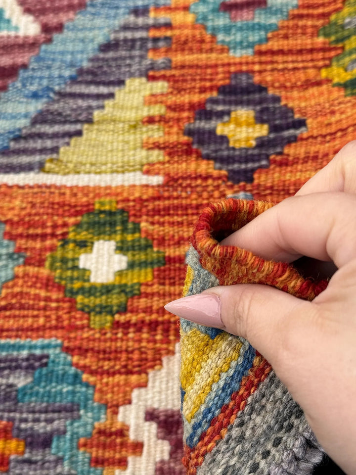 3x5 (91x152) Handmade Afghan Kilim Rug | Orange Denim Sky Prussian Teal Blue Cream Burgundy Auburn Red Forest Moss Green Mustard Yellow Grey