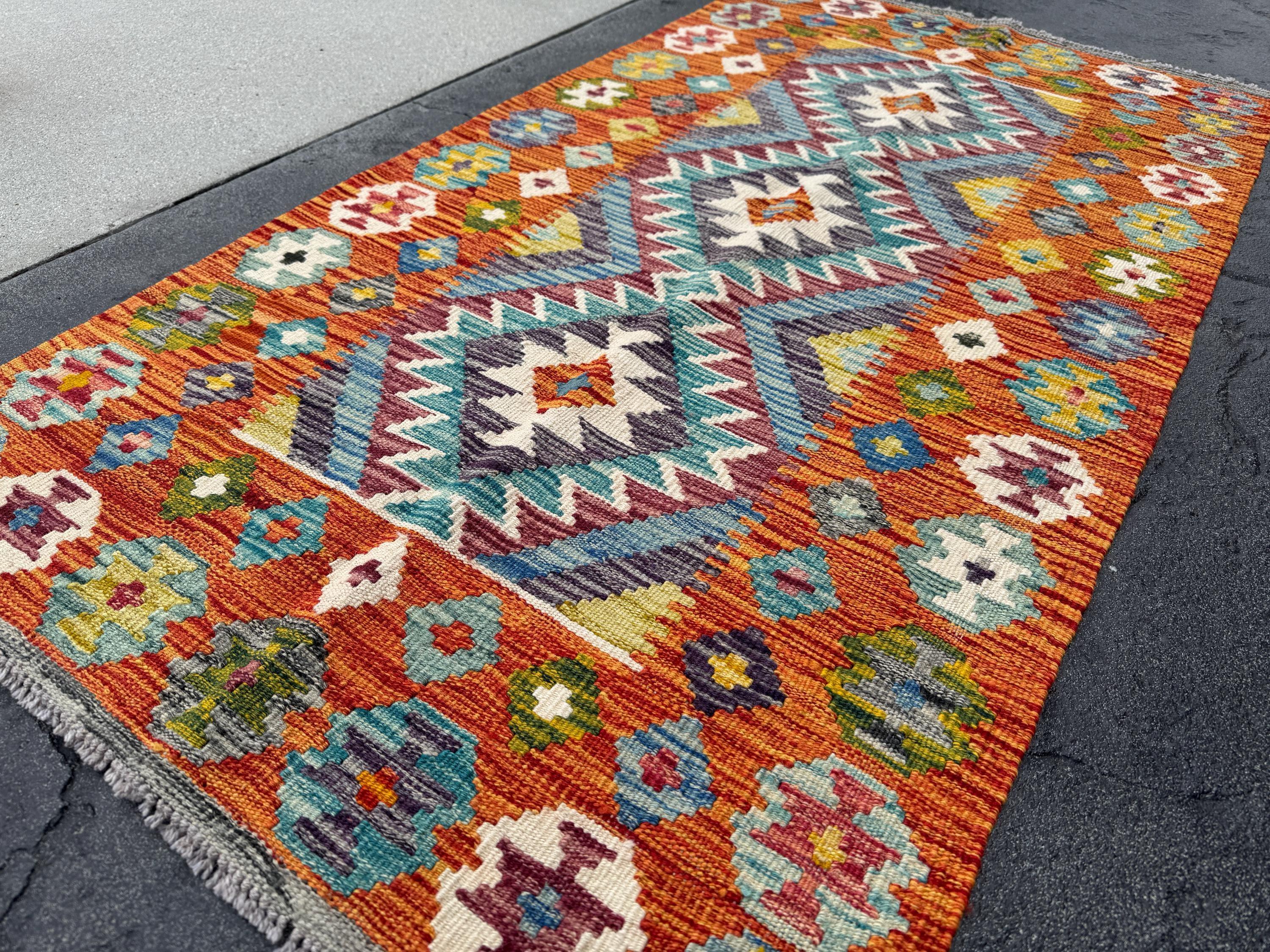 3x5 (91x152) Handmade Afghan Kilim Rug | Orange Denim Sky Prussian Teal Blue Cream Burgundy Auburn Red Forest Moss Green Mustard Yellow Grey