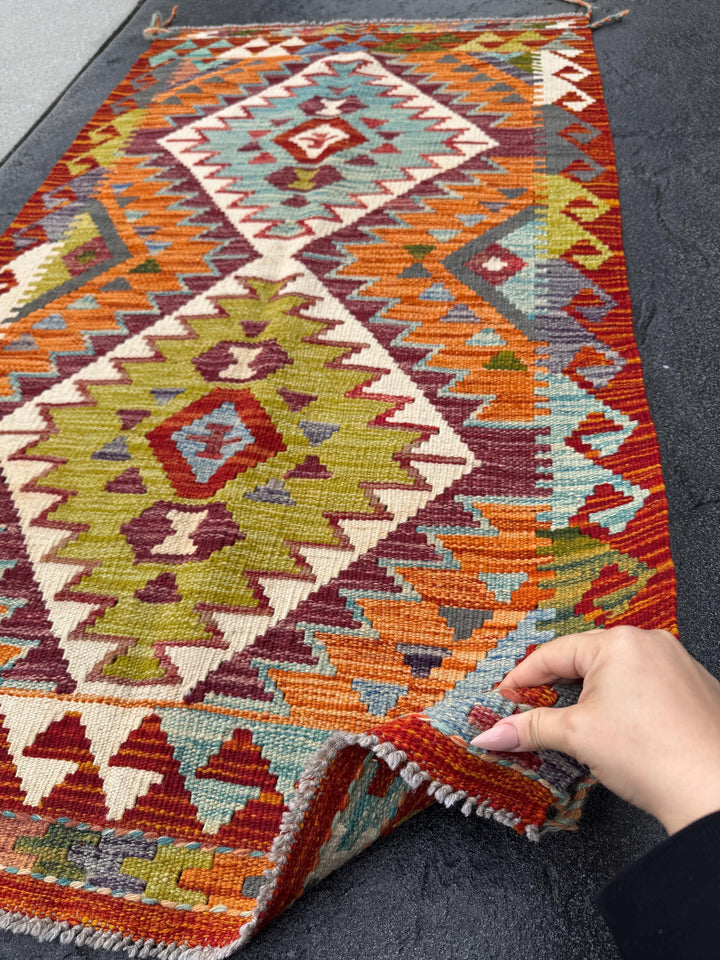3x5 (91x152) Handmade Afghan Kilim Rug | Crimson Blood Red Purple Burnt Orange Baby Aqua Blue Grey Chartreuse Moss Forest Green Cream | Wool