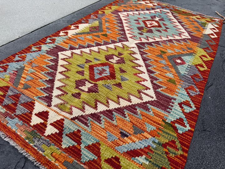 3x5 (91x152) Handmade Afghan Kilim Rug | Crimson Blood Red Purple Burnt Orange Baby Aqua Blue Grey Chartreuse Moss Forest Green Cream | Wool
