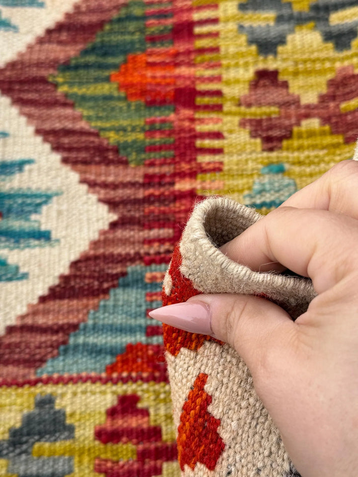 2-3x5 Handmade Afghan Kilim Rug | Cream Tan Sand Brown Crimson Burgundy Maroon Red Aqua Teal Denim Blue Black Forest Chartreuse Green Grey