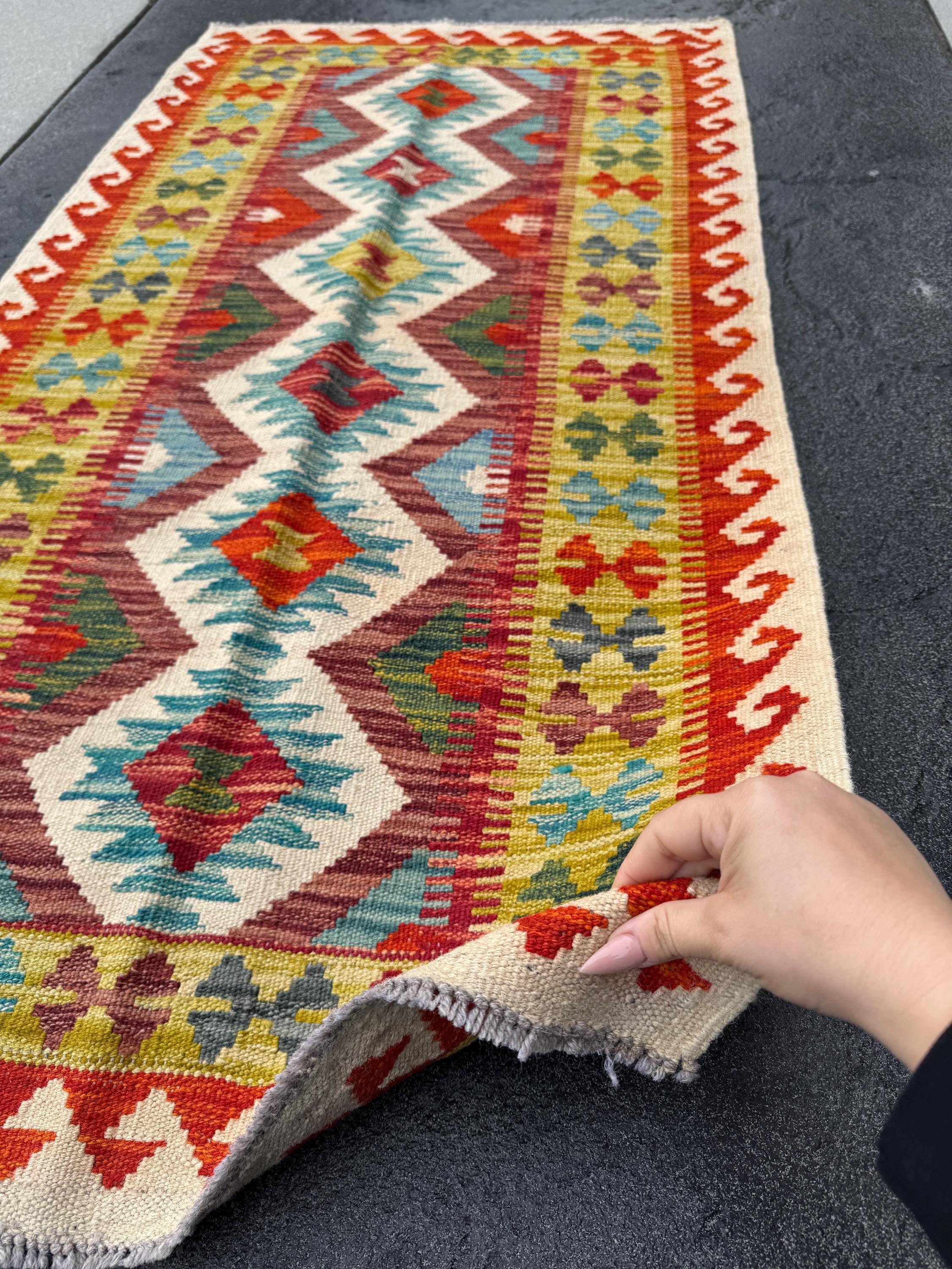 2-3x5 Handmade Afghan Kilim Rug | Cream Tan Sand Brown Crimson Burgundy Maroon Red Aqua Teal Denim Blue Black Forest Chartreuse Green Grey