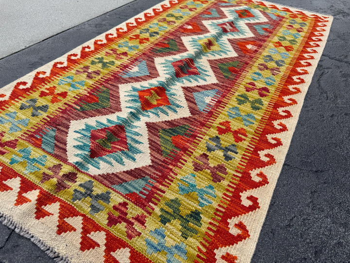 2-3x5 Handmade Afghan Kilim Rug | Cream Tan Sand Brown Crimson Burgundy Maroon Red Aqua Teal Denim Blue Black Forest Chartreuse Green Grey