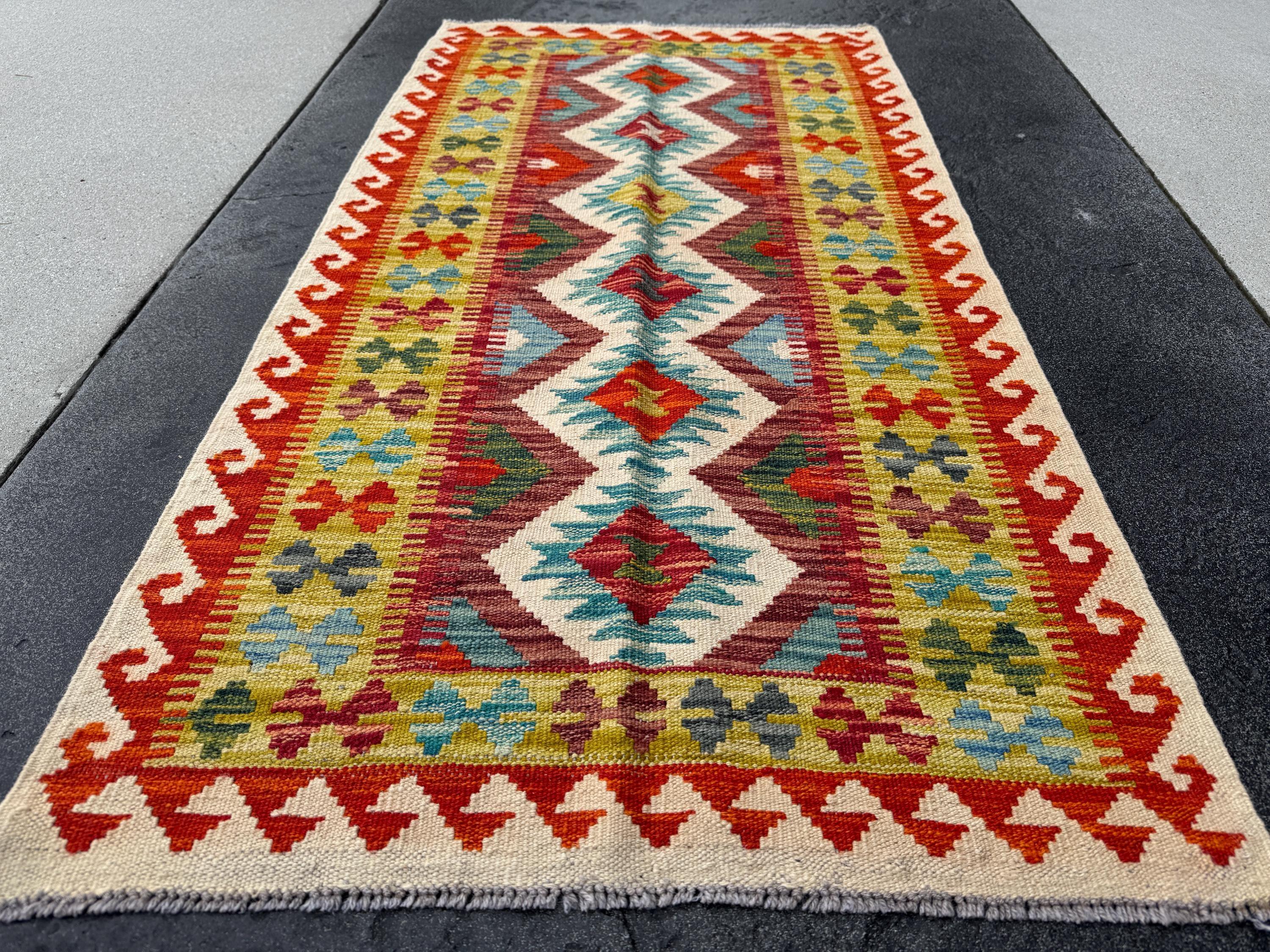 2-3x5 Handmade Afghan Kilim Rug | Cream Tan Sand Brown Crimson Burgundy Maroon Red Aqua Teal Denim Blue Black Forest Chartreuse Green Grey