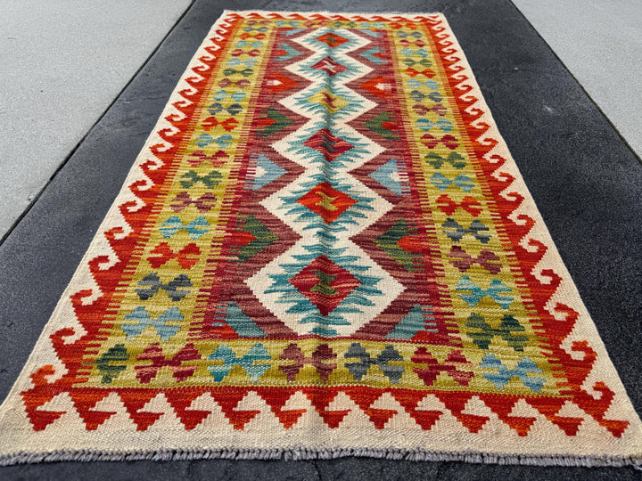 2-3x5 Handmade Afghan Kilim Rug | Cream Tan Sand Brown Crimson Burgundy Maroon Red Aqua Teal Denim Blue Black Forest Chartreuse Green Grey