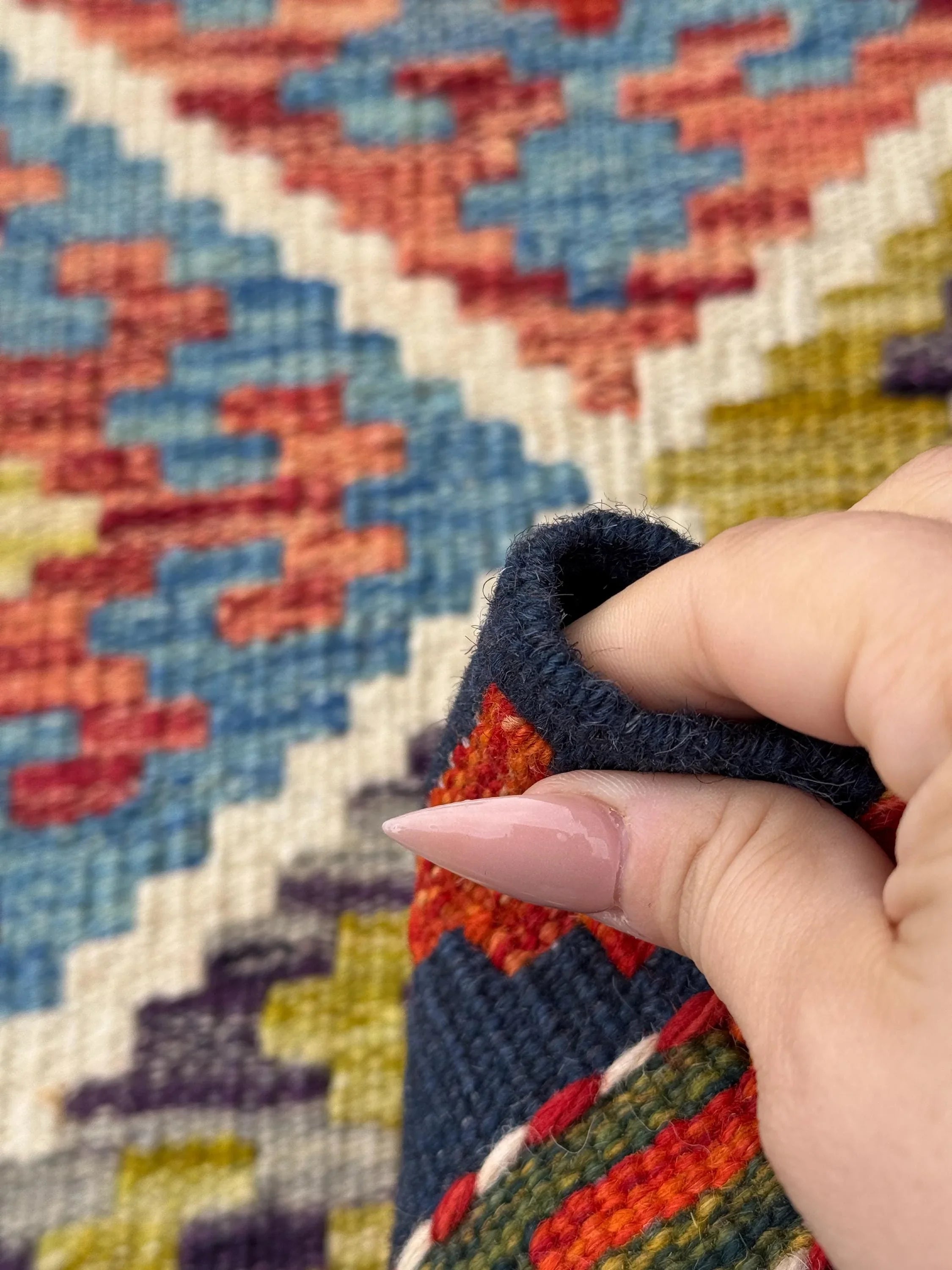 3x5 (91x152) Handmade Afghan Kilim Rug | Midnight Navy Denim Blue Grey Forest Moss Chartreuse Green Orange Brick Crimson Red Cream | Wool