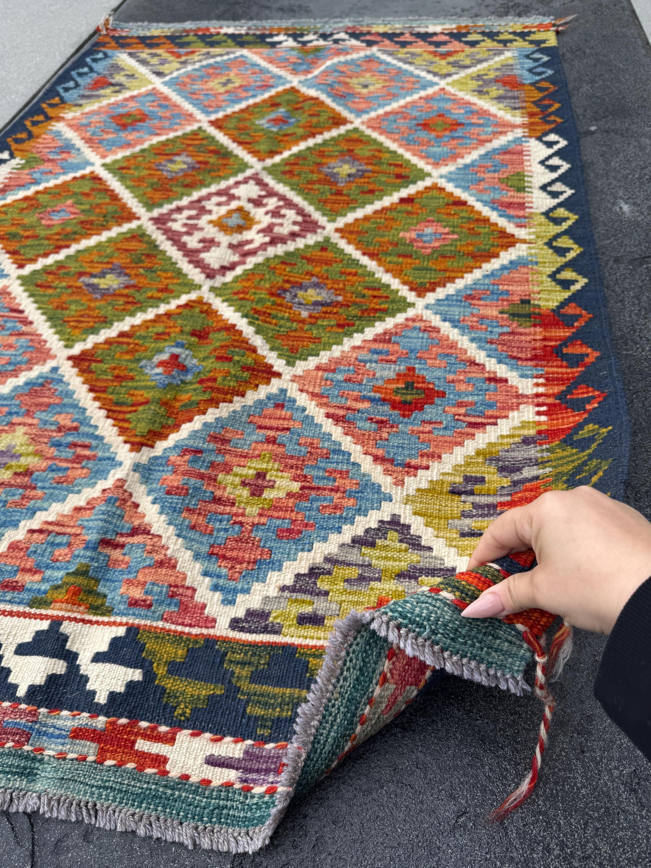 3x5 (91x152) Handmade Afghan Kilim Rug | Midnight Navy Denim Blue Grey Forest Moss Chartreuse Green Orange Brick Crimson Red Cream | Wool