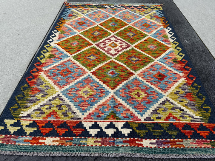 3x5 (91x152) Handmade Afghan Kilim Rug | Midnight Navy Denim Blue Grey Forest Moss Chartreuse Green Orange Brick Crimson Red Cream | Wool