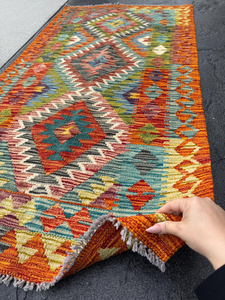 3x5 Handmade Afghan Kilim Rug | Burnt Orange Teal Aqua Blue Yellow Brick Maroon Burgundy Red Grey Black Moss Pine Green Cream Purple | Wool