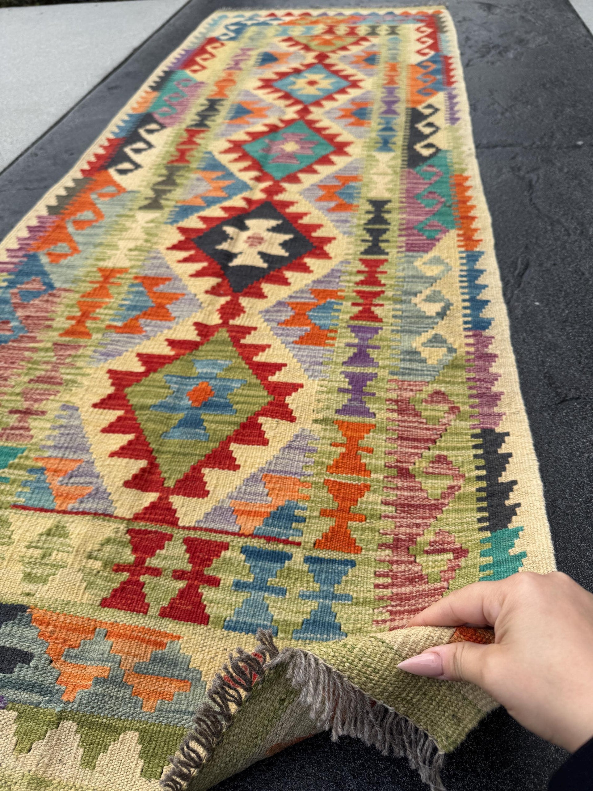 2x7 Handmade Afghan Kilim Runner Rug | Saffron Yellow Lime Moss Sage Green Scarlet Brick Red Black Grey Purple Teal Denim Blue Orange | Wool