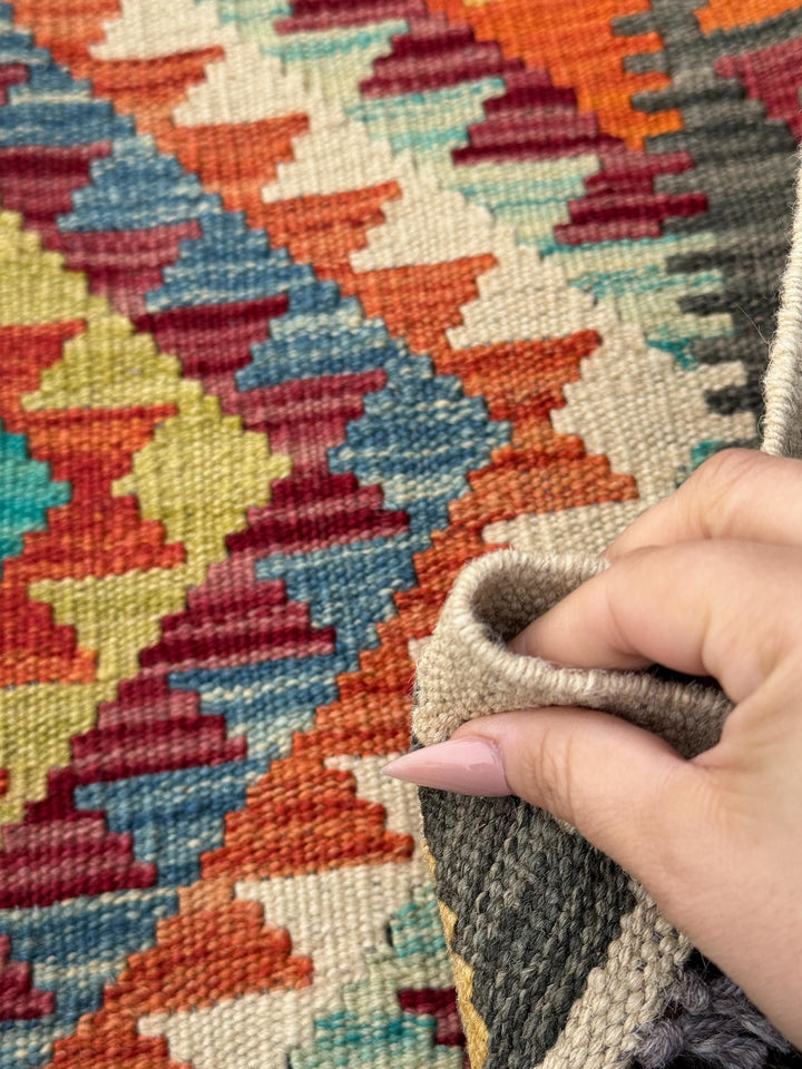 3x6-7 Handmade Afghan Kilim Runner Rug | Cream Grey Black Powder Teal Denim Blue Purple Burgundy Maroon Red Yellow Orange | Wool Flatweave