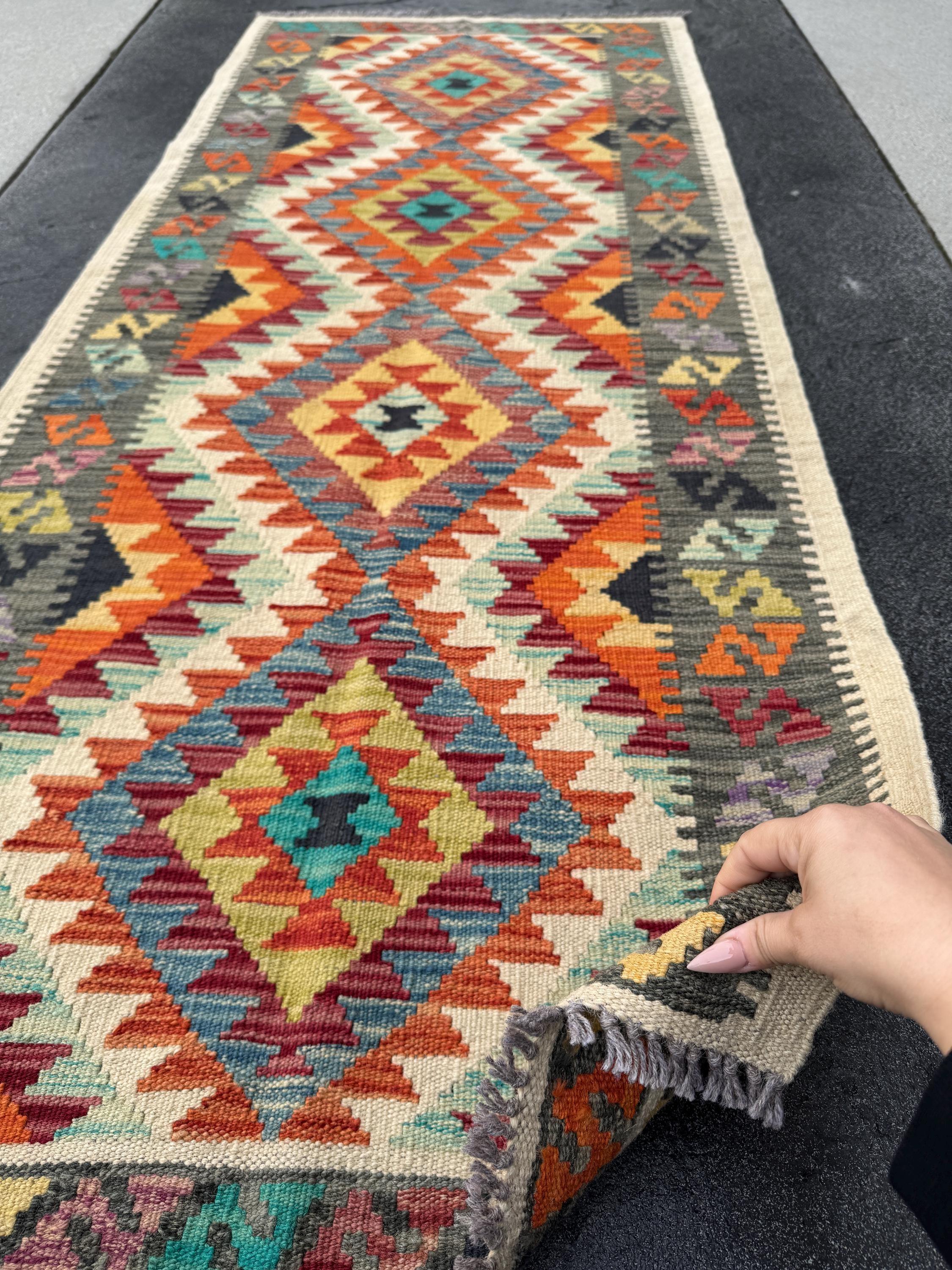 3x6-7 Handmade Afghan Kilim Runner Rug | Cream Grey Black Powder Teal Denim Blue Purple Burgundy Maroon Red Yellow Orange | Wool Flatweave