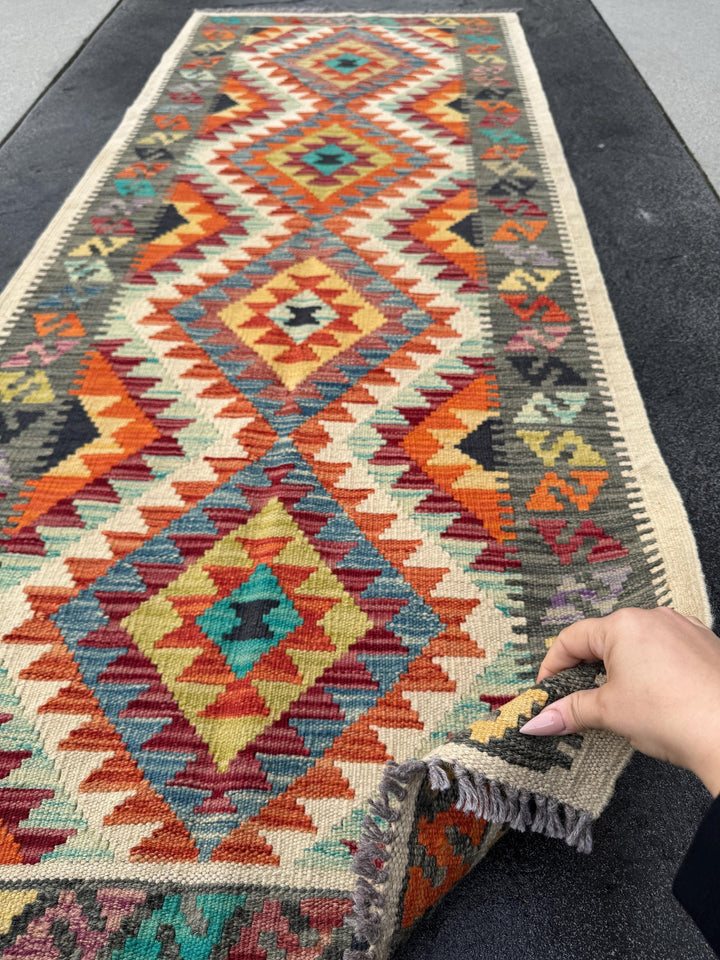 3x6-7 Handmade Afghan Kilim Runner Rug | Cream Grey Black Powder Teal Denim Blue Purple Burgundy Maroon Red Yellow Orange | Wool Flatweave