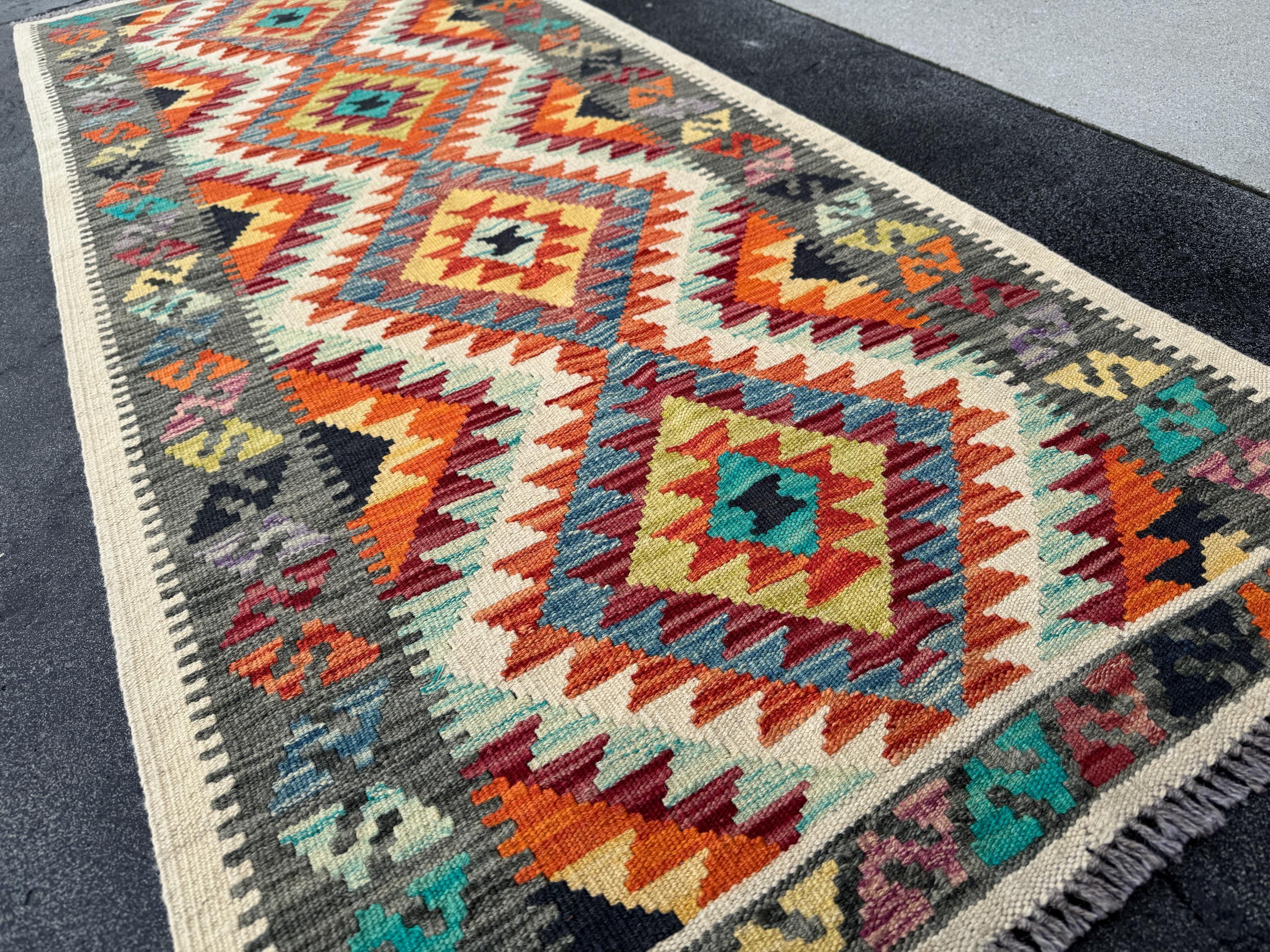 3x6-7 Handmade Afghan Kilim Runner Rug | Cream Grey Black Powder Teal Denim Blue Purple Burgundy Maroon Red Yellow Orange | Wool Flatweave