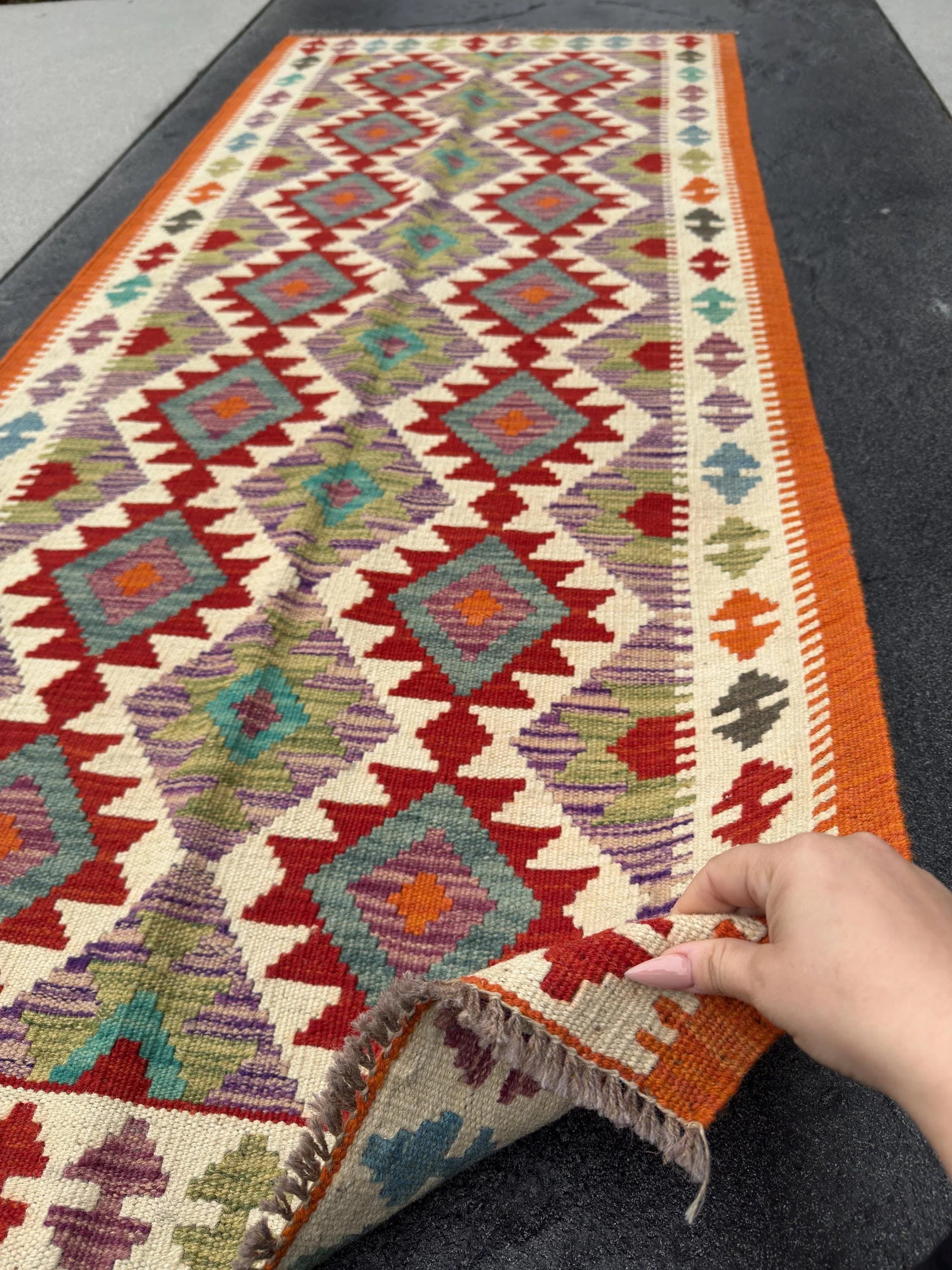 3x6 (91x182) Handmade Afghan Kilim Runner Rug | Orange Blood Red Purple Moss Forest Green Teal Prussian Blue Cream Sand | Wool Flatweave