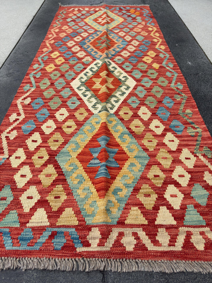 3x7 Handmade Afghan Kilim Runner Rug | Blood Orange Saffron Tan Fire Brick Red Mustard Yellow Denim Aqua Baby Blue Emerald Pine Green | Wool