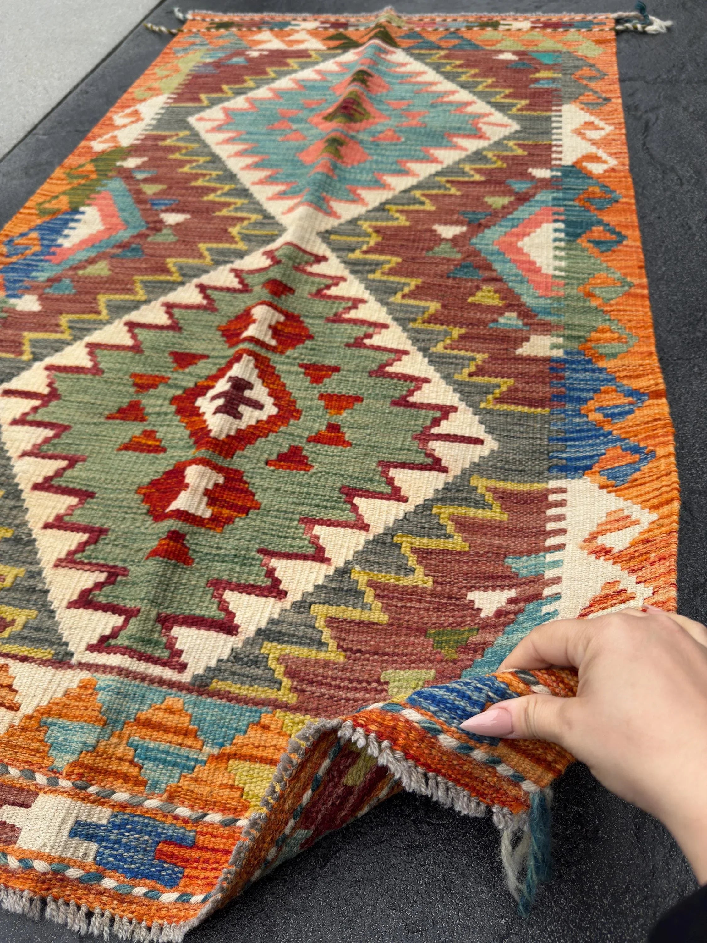 3x5 Handmade Afghan Kilim Rug | Orange Burnt Rust Sage Moss Olive Green Cream Teal Aqua Denim Prussian Blue Grey Yellow Maroon Auburn Red