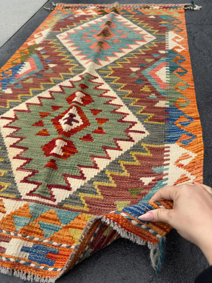 3x5 Handmade Afghan Kilim Rug | Orange Burnt Rust Sage Moss Olive Green Cream Teal Aqua Denim Prussian Blue Grey Yellow Maroon Auburn Red