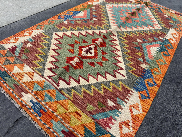 3x5 Handmade Afghan Kilim Rug | Orange Burnt Rust Sage Moss Olive Green Cream Teal Aqua Denim Prussian Blue Grey Yellow Maroon Auburn Red