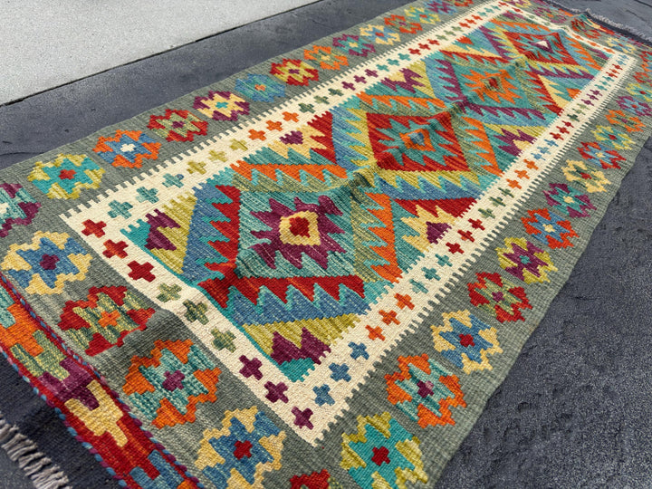 3x7 Handmade Afghan Kilim Runner Rug | Sage Pine Chartreuse Olive Green Cream Aqua Turquoise Denim Blue Yellow Saffron Orange Purple Red