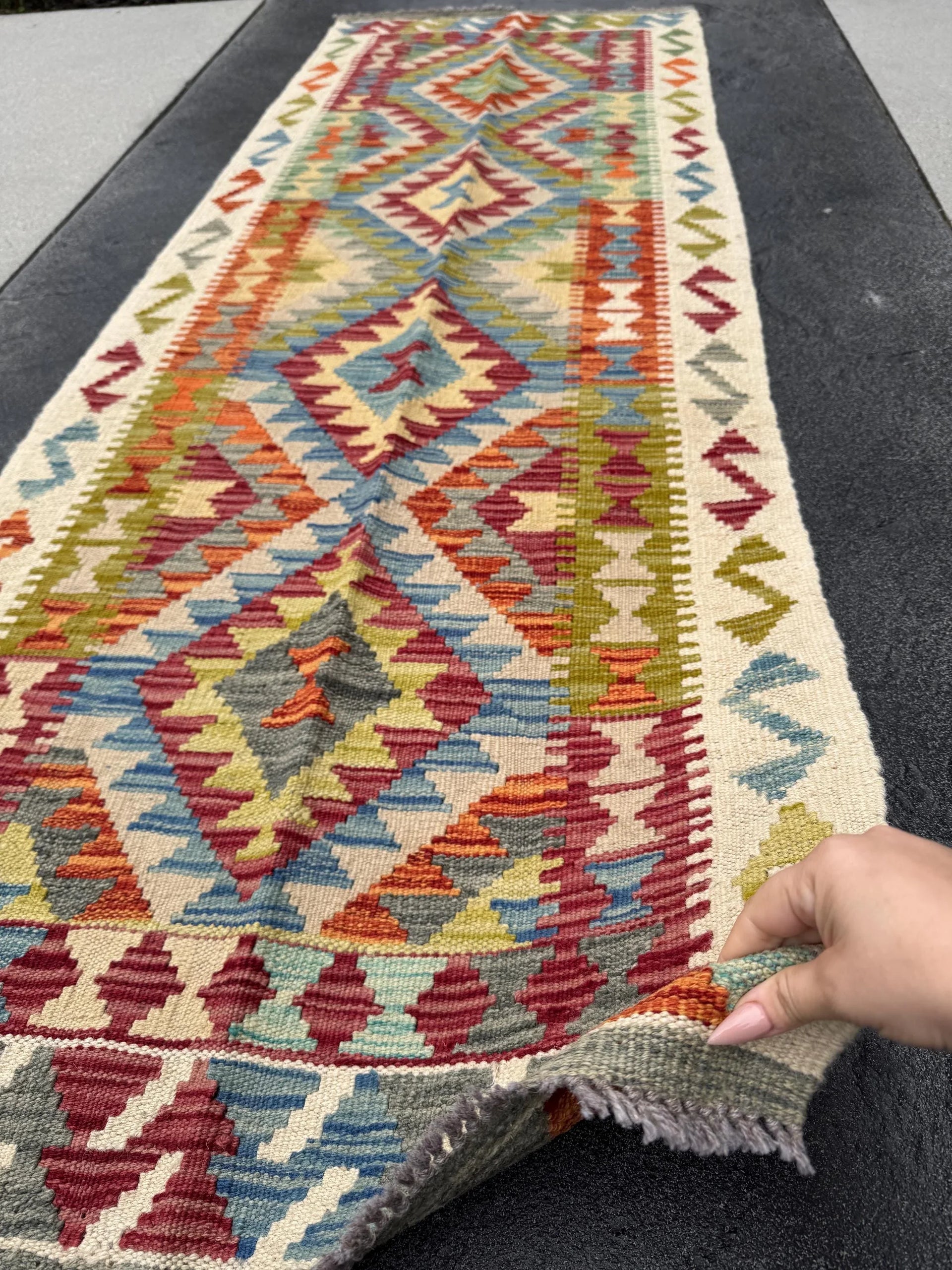 2-3x7 (80x213) Handmade Afghan Kilim Runner Rug | Cream Wine Garnet Red Grey Denim Baby Blue Burnt Orange Moss Olive Green | Wool Flatweave