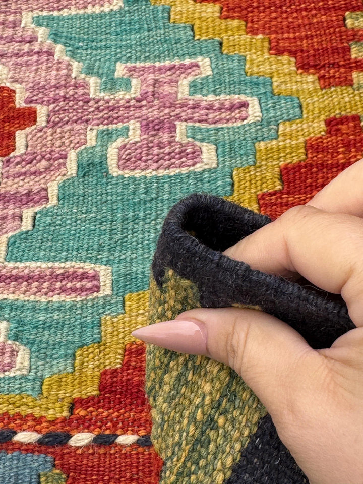 3x7 Handmade Afghan Kilim Runner Rug | Midnight Navy Denim Prussian Aqua Blue Olive Moss Green Mustard Yellow Rose Pink Cream Orange Red