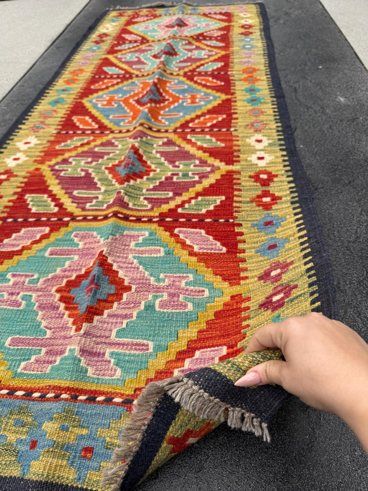 3x7 Handmade Afghan Kilim Runner Rug | Midnight Navy Denim Prussian Aqua Blue Olive Moss Green Mustard Yellow Rose Pink Cream Orange Red