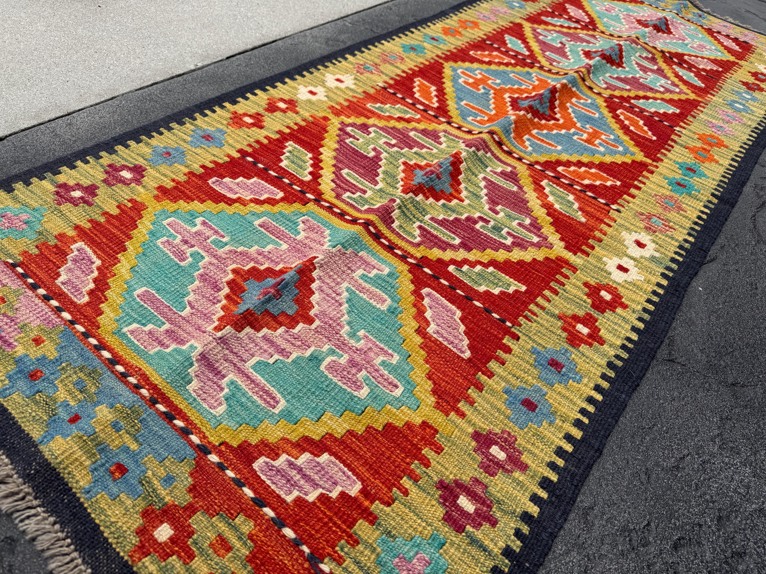 3x7 Handmade Afghan Kilim Runner Rug | Midnight Navy Denim Prussian Aqua Blue Olive Moss Green Mustard Yellow Rose Pink Cream Orange Red