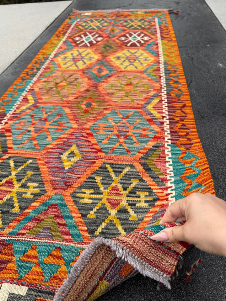 3x7 Handmade Afghan Kilim Runner Rug | Burnt Orange Wine Garnet Brick Red Black Grey Teal Turquoise Blue Mustard Yellow Purple Moss Green