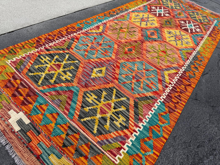 3x7 Handmade Afghan Kilim Runner Rug | Burnt Orange Wine Garnet Brick Red Black Grey Teal Turquoise Blue Mustard Yellow Purple Moss Green