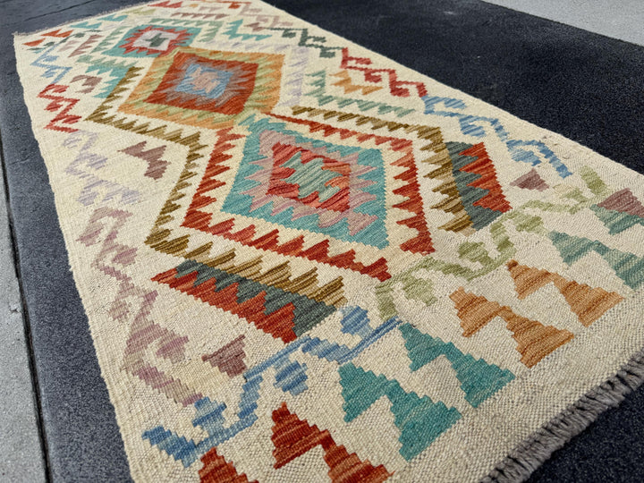 2x6 Handmade Afghan Kilim Runner Rug | Cream Sand Tan Brown Peach Rust Orange Denim Aqua Teal Blue Auburn Red Grey Mauve Pink Lavender Green