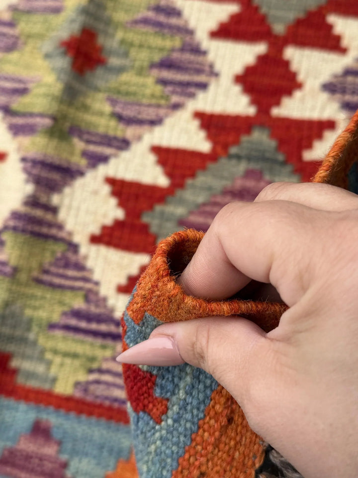 3x6 Handmade Afghan Kilim Runner Rug | Orange Scarlet Blood Red Cream Denim Prussian Turquoise Blue Moss Sage Pine Green Purple Grey | Wool