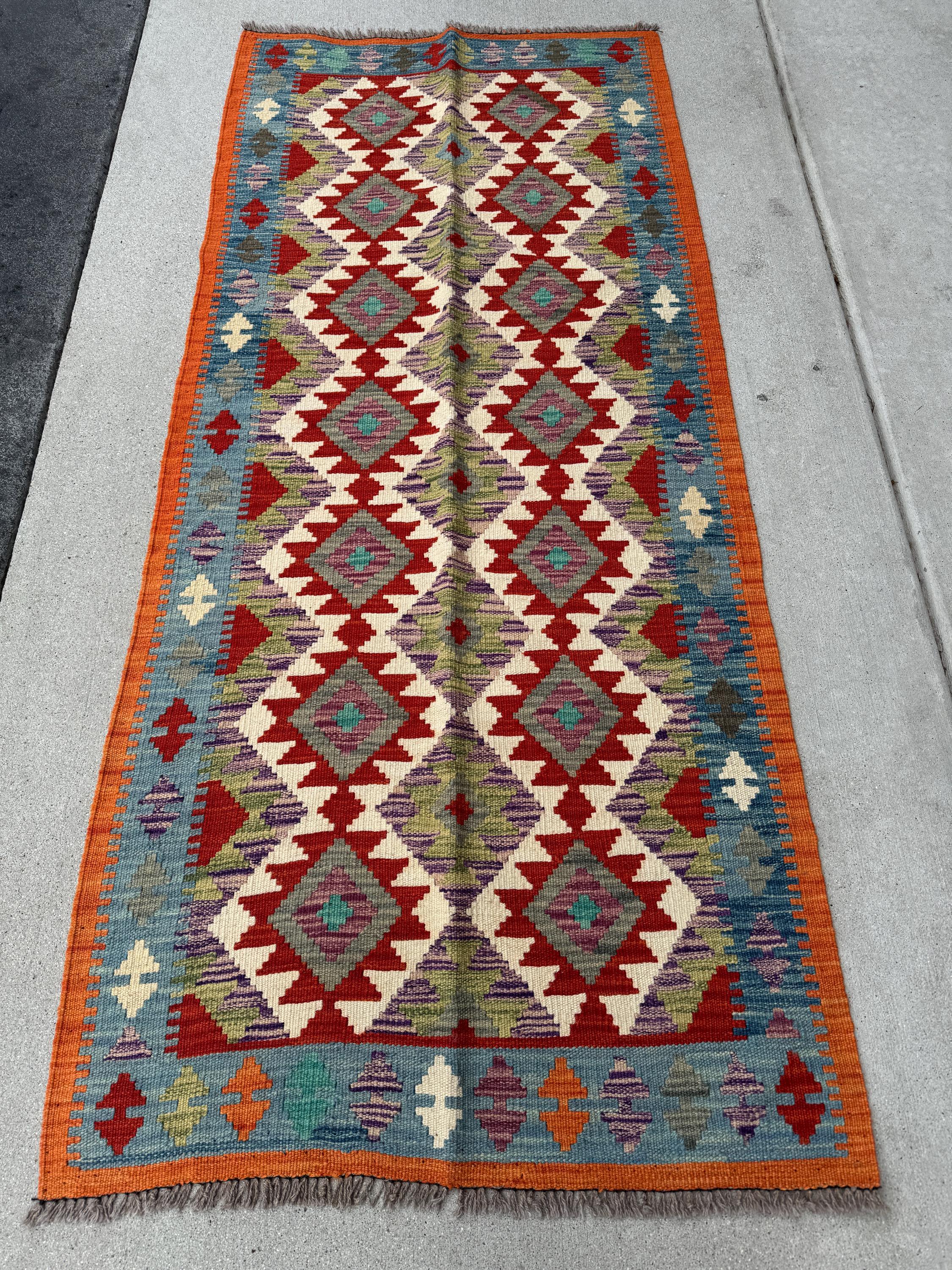3x6 Handmade Afghan Kilim Runner Rug | Orange Scarlet Blood Red Cream Denim Prussian Turquoise Blue Moss Sage Pine Green Purple Grey | Wool