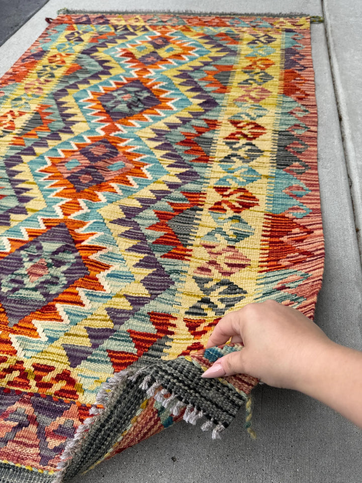 3x5 (91x152) Handmade Afghan Kilim Rug | Brick Garnet Scarlet Red Burnt Orange Yellow Saffron Denim Teal Aqua Blue Purple Grey | Wool
