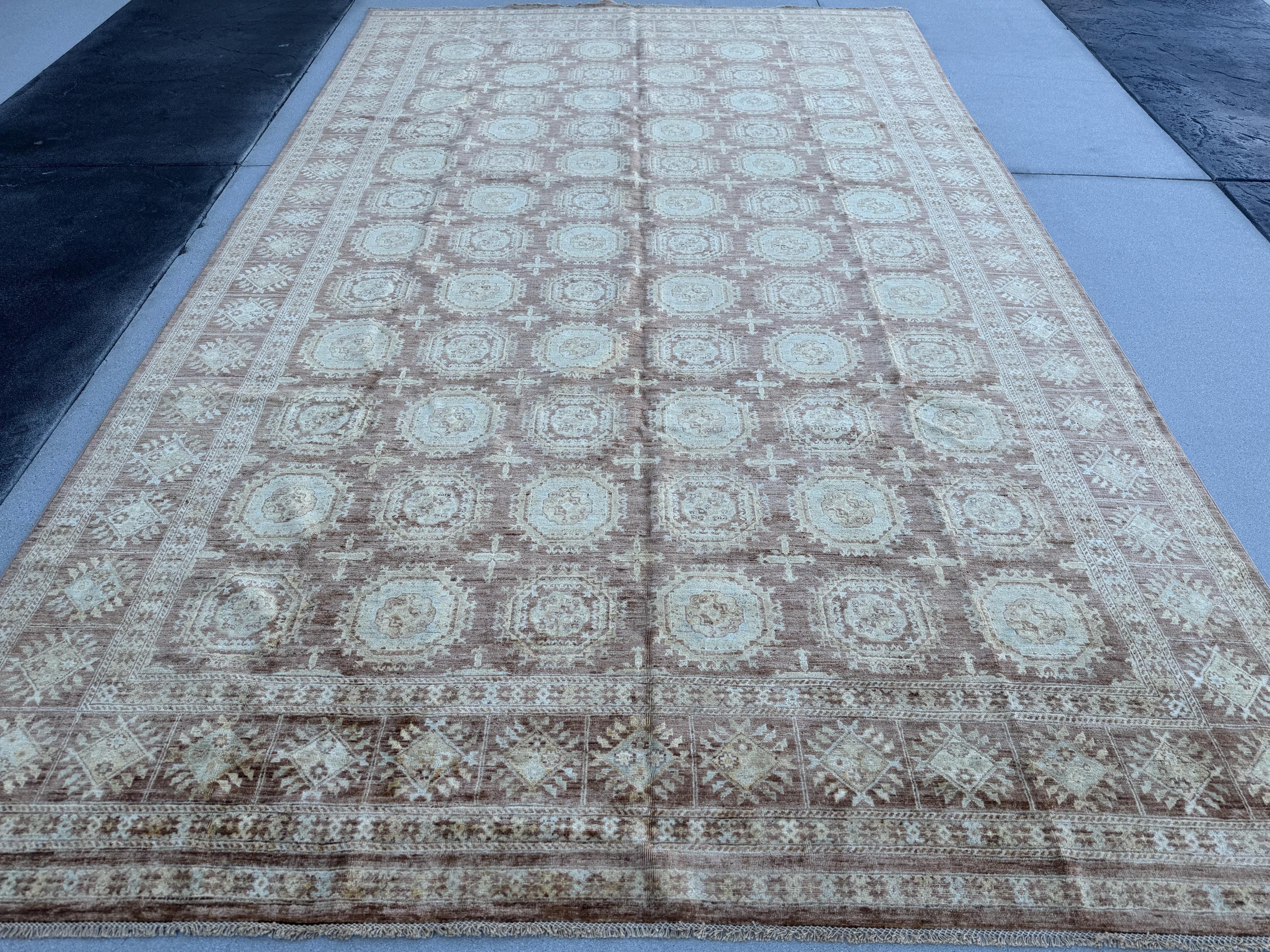 9x15 (274x457) Handmade Afghan Rug | Tan Brown Sand Chocolate Rust Auburn Red Powder Blue Cream | Wool Hand Knotted Geometric Persian Gul