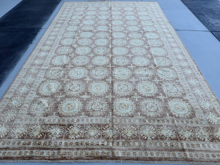 9x15 (274x457) Handmade Afghan Rug | Tan Brown Sand Chocolate Rust Auburn Red Powder Blue Cream | Wool Hand Knotted Geometric Persian Gul