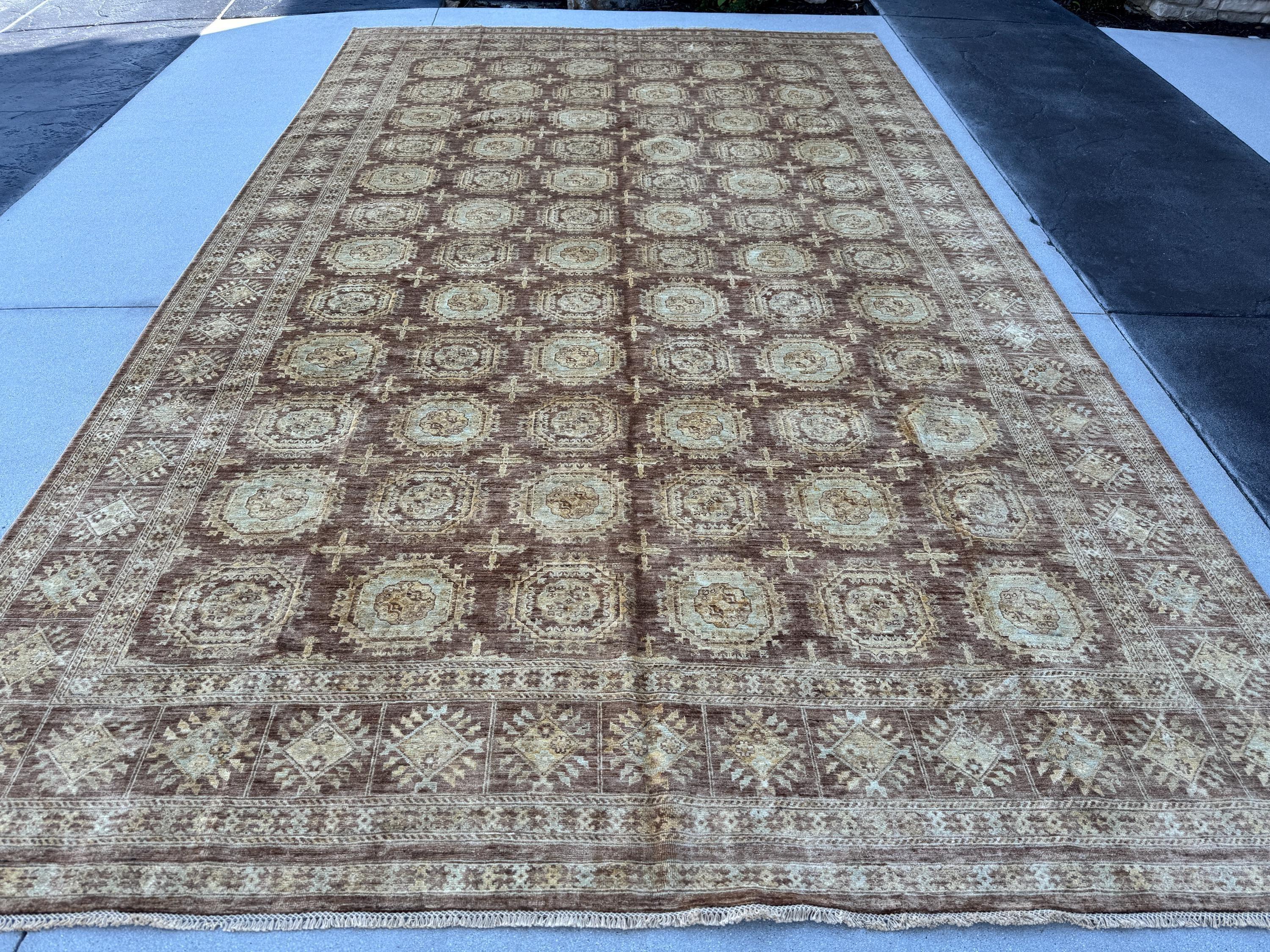 9x15 (274x457) Handmade Afghan Rug | Tan Brown Sand Chocolate Rust Auburn Red Powder Blue Cream | Wool Hand Knotted Geometric Persian Gul