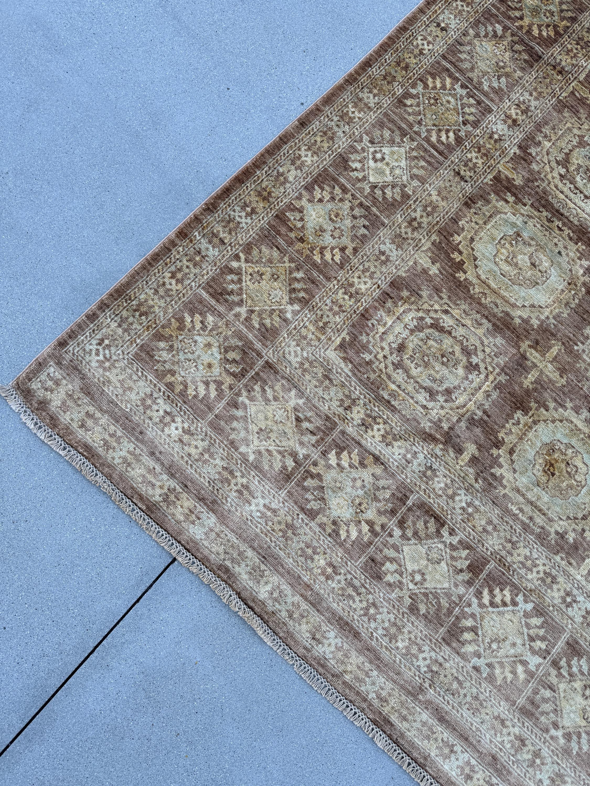 9x15 (274x457) Handmade Afghan Rug | Tan Brown Sand Chocolate Rust Auburn Red Powder Blue Cream | Wool Hand Knotted Geometric Persian Gul