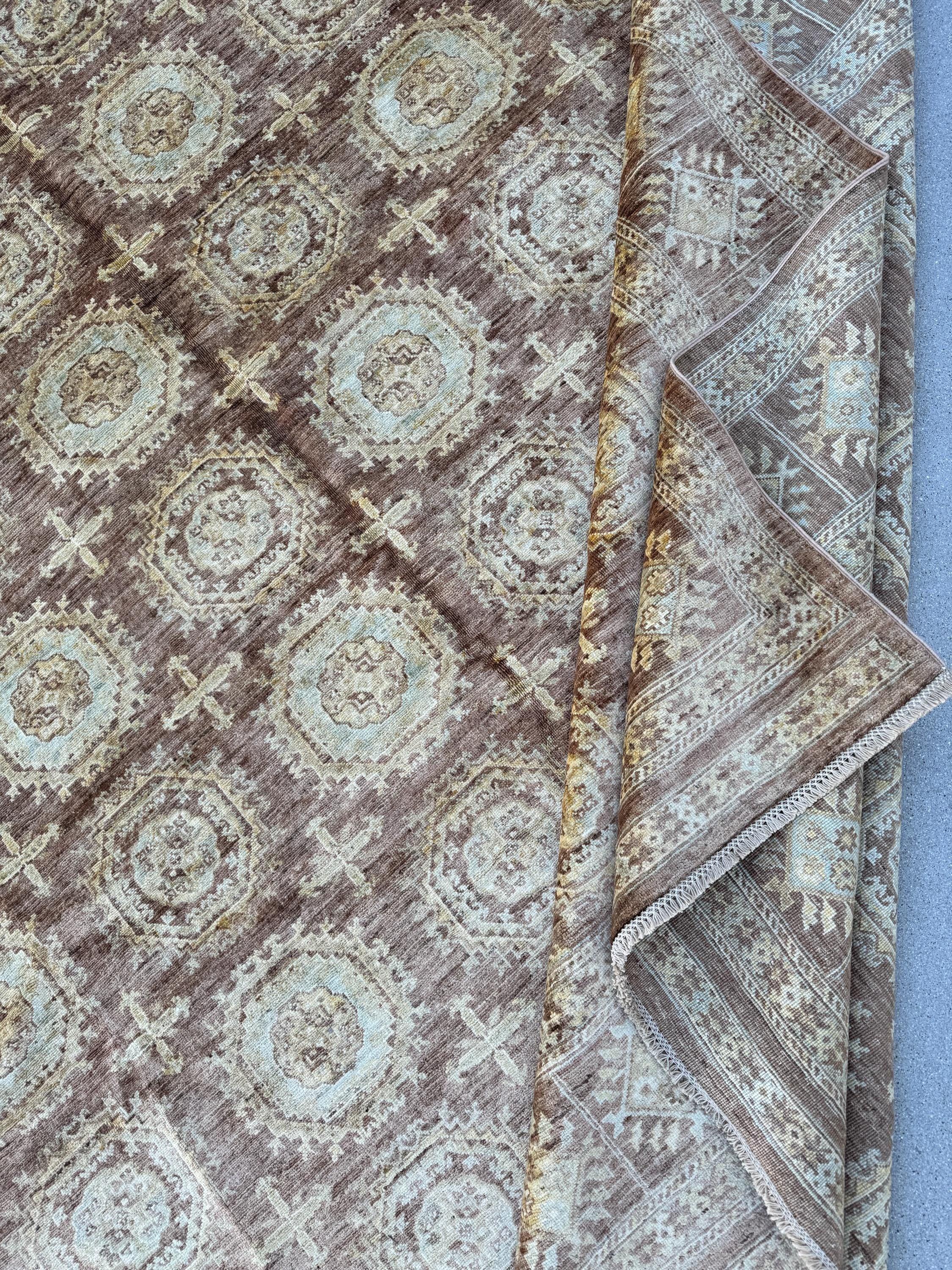 9x15 (274x457) Handmade Afghan Rug | Tan Brown Sand Chocolate Rust Auburn Red Powder Blue Cream | Wool Hand Knotted Geometric Persian Gul