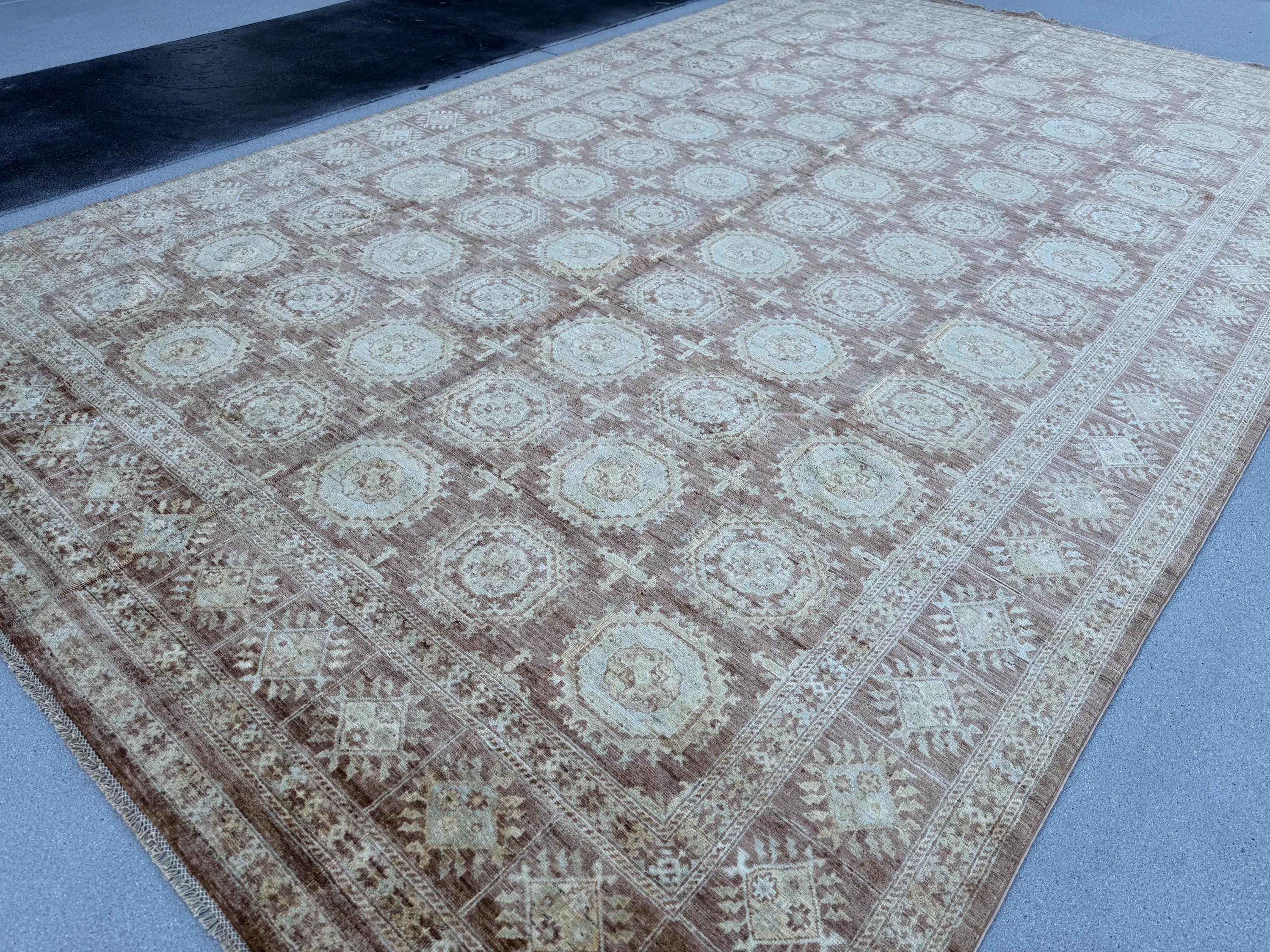 9x15 (274x457) Handmade Afghan Rug | Tan Brown Sand Chocolate Rust Auburn Red Powder Blue Cream | Wool Hand Knotted Geometric Persian Gul