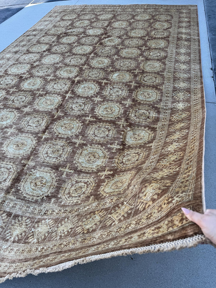 9x15 (274x457) Handmade Afghan Rug | Tan Brown Sand Chocolate Rust Auburn Red Powder Blue Cream | Wool Hand Knotted Geometric Persian Gul